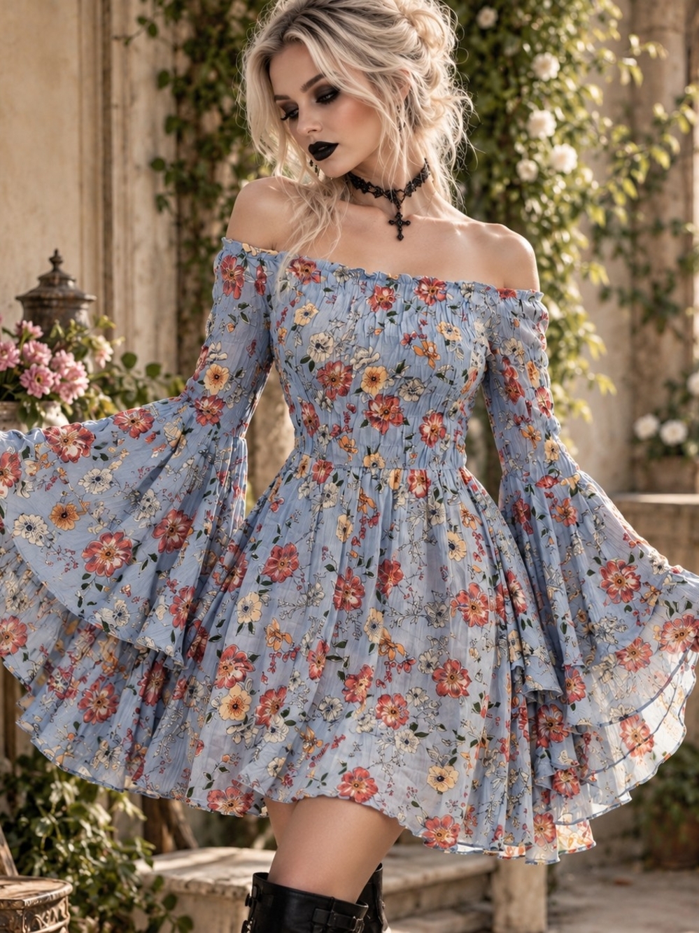 Hippie Laundry Floral Off Shoulder Mini Dress M Bell Sleeve Boho